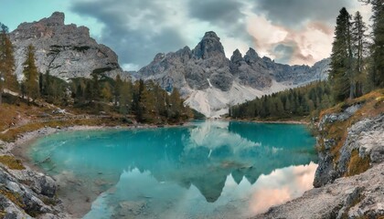 Fototapeta na wymiar panoramic view to sorapis lake an unbelievable turquoise and azure lake in the heart of the dolomites near cortina d ampezzo italy south tyrol