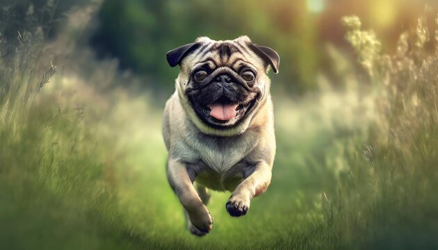 happy pug dog running on a green meadow on a summer day