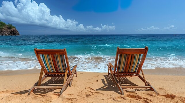 Serene beach scene with empty lounge chairs and calm waves, showcasing the peacefulness of off-sea