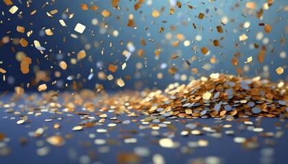 blue gradient background with gold confetti falling from the top scattered in different directions creating a dreamy and celebratory mood - obrazy, fototapety, plakaty