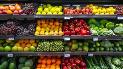 Fresh fruits and vegetables neatly arranged on shelves in a supermarket, offering a variety of healthy options.