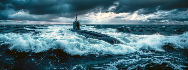 A submarine is in the ocean with a storm in the background