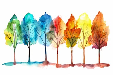 Watercolor Art of Colorful Minimalist Trees with Bold Outlines and Autumn Hues. Minimalist watercolor trees in colorful autumn tones.