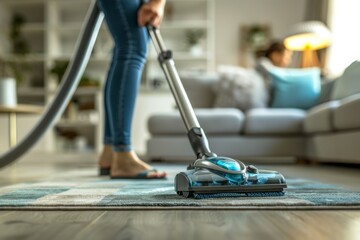 Dynamic Shot of Housewife Vacuuming, Modern Living Space with Sleek Home Appliances. Vacuuming modern living space with sleek appliances.