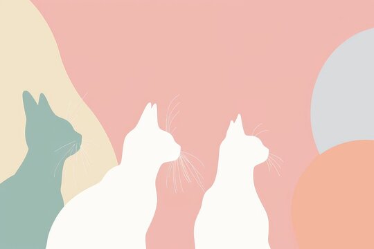Minimalist pastel artwork of cat silhouettes with geometric shapes creating a serene atmosphere