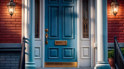 At the threshold of a captivating home with a striking blue door. Generative AI