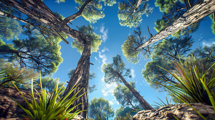 Towering Forest Canopy: Tall Pine Trees Against a Blue Sky, Natures Grandeur - obrazy, fototapety, plakaty