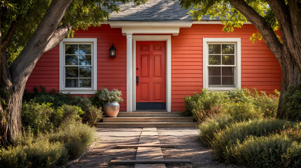 At the threshold of a captivating home with a striking red door. Generative AI