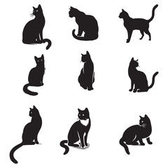 set of black cats silhouettes on white