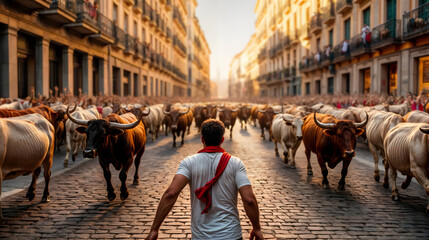 A man testing his mettle against charging bulls during San Fermín. Generative AI