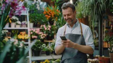 A businessman talks on the phone while standing in an apron in a small flower center, managing operations and customer inquiries.