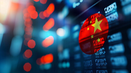 China flag on stock market and digital number table display, trading graph chart suitable for financial investment. - obrazy, fototapety, plakaty
