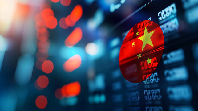 China flag on stock market and digital number table display, trading graph chart suitable for financial investment.