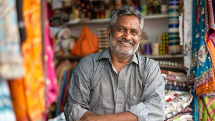 Fototapeta na wymiar A cheerful Indian cloth merchant or clothing store owner sits happily in their shop, surrounded by colorful fabrics and textiles.