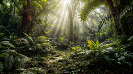 Tropical forest adorned with copious vegetation and sunlight. Generative AI