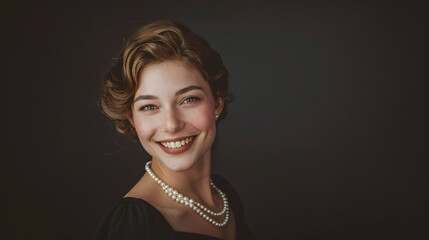 A classy young lady wearing a timeless little black dress and pearls, sporting an updo inspired by the '50s, smiles classily on a traditional black background