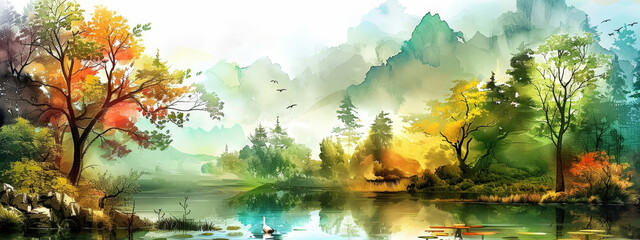 A painting of a forest with a river and a few birds flying in the sky
