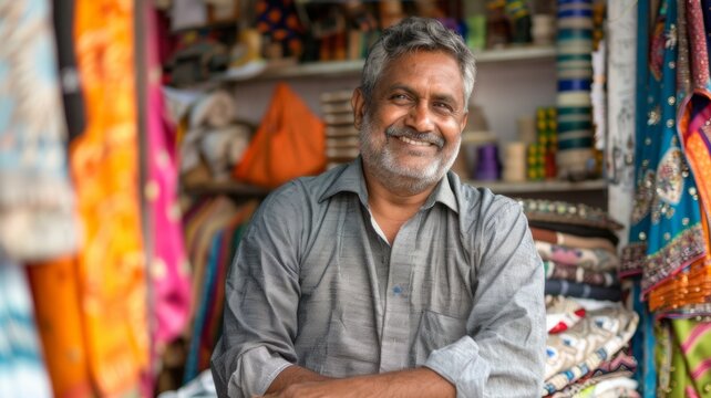 A cheerful Indian cloth merchant or clothing store owner sits happily in their shop, surrounded by colorful fabrics and textiles.