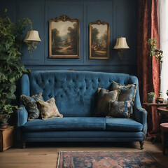 living room with blue sofa