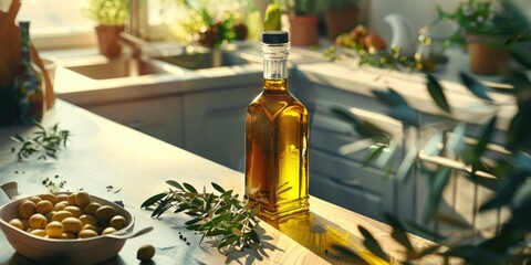 Glass bottle of olive oil and olive sprigs in a bright sunny kitchen. Home kitchen