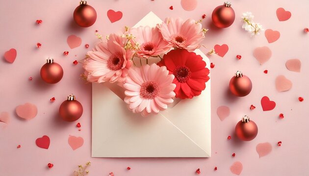 women day concept flat lay photo of red flowers envelope with letter and pink heart shaped baubles on pastel pink background with copy space mother day card idea