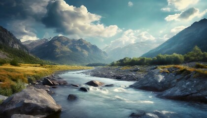 Fototapeta na wymiar landscape with river running through valley mountainous countryside scenery in summer water flow along the rocky shore sunny day with clouds on the blue sky