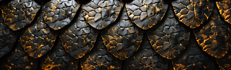 Background with black golden metallic scales of a reptilian dragon. Detailed retro snake skin...