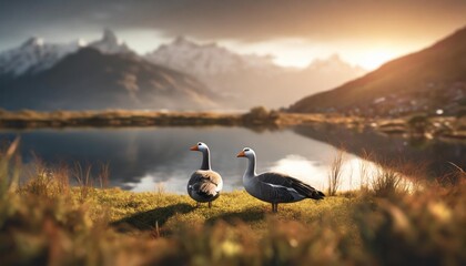 two andean geese resting in a landscape composed for a lake and grass at sunset in palcamayo tarma junin peru
