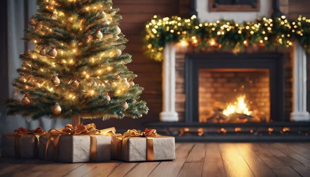 christmas tree with illumination near the fireplace blurred background with illumination lights on wooden background