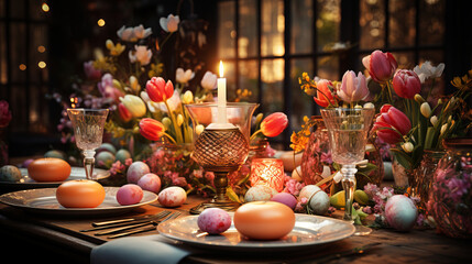 Candlelit Easter Dinner: A dining table set for an intimate Easter dinner with softly lit candles.