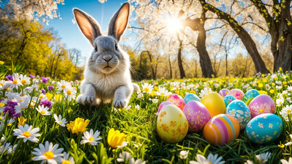 cute baby easter bunny in mid sprint 9 - obrazy, fototapety, plakaty