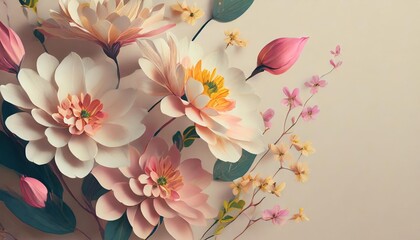 spring flowers flying on a cream background summer wallpaper concept