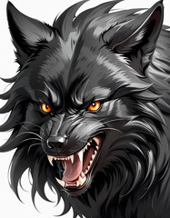 Demonic black wolf on a white background. Close-up, anime character
