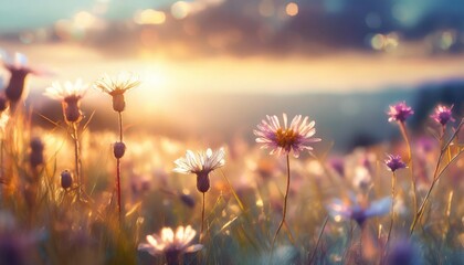 banner with beautiful meadow with wild flowers over sunset sky beauty nature field background with sun flare bokeh silhouettes of wild grass and flower beautiful summer or autumn nature backdrop - obrazy, fototapety, plakaty