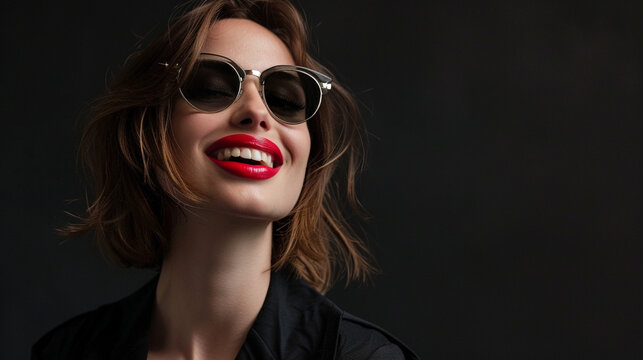Against a backdrop of darkness, a chic young woman with sleek, shoulder-length hair, wearing big sunglasses and bright red lipstick, smiles boldly