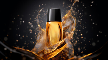 3D render of the shampoo bottle highlighted by dramatic lighting on a reflective surface surrounded by droplets and splashes of water emphasizing the purity and refreshing qualities of the product