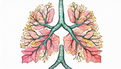 lungs respiratory bronchial tree multiple branched trachea bronchi and lungs pulmonary and respiratory artistic medicine illustration hand drawing with gouache and paint sprinkles isolated white