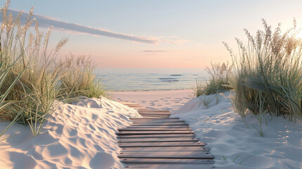 A photorealistic 3D model of a beach landscape featuring detailed sand dunes sea oats and a wooden pathway leading to the shore with dynamic lighting - obrazy, fototapety, plakaty