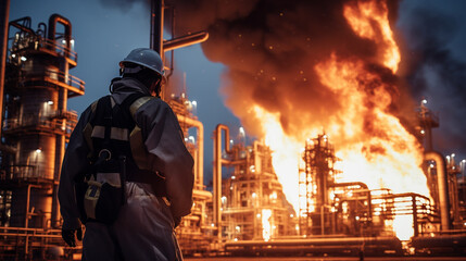 An engineer in safety gear inspecting a gas flare burning off excess chemicals at a petrochemical plant showcasing industrial safety measures - obrazy, fototapety, plakaty