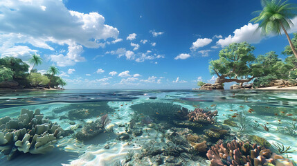 An immersive 3D panoramic view of a tropical beach with crystalclear water coral reefs visible beneath the surface and a vibrant marine life ecosystem