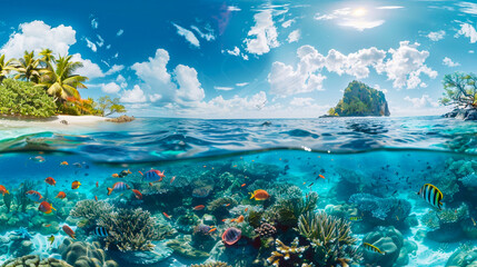 Fototapeta na wymiar An immersive 3D panoramic view of a tropical beach with crystalclear water coral reefs visible beneath the surface and a vibrant marine life ecosystem
