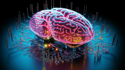 Detailed 3D model of a human brain where the neural pathways are visualized as printed circuit traces exploring the concept of thoughts and intelligence as electrical impulses