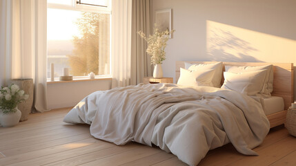 Detailed 3D model of a serene bedroom with linens and curtains softened by the product highlighting a peaceful and comfortable environment with the morning sun casting a gentle light