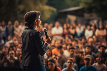 Highresolution image capturing the emotional moment of a woman speaking passionately about womens rights in front of a large crowd with the audiences rapt attention and support visible