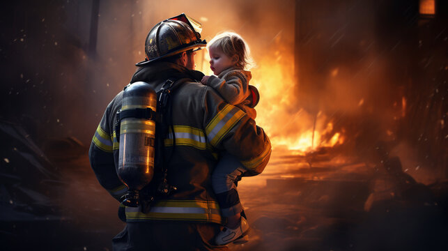 A fireman carrying a rescued child in his arms emerging from a smokefilled building with the glow of the fire illuminating their path to safety