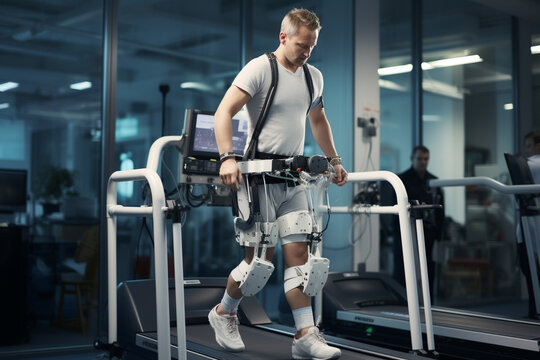 a robotic exoskeleton being used for leg rehabilitation focusing on the patients interaction with the device as they take steps on a treadmill monitored by rehabilitation software