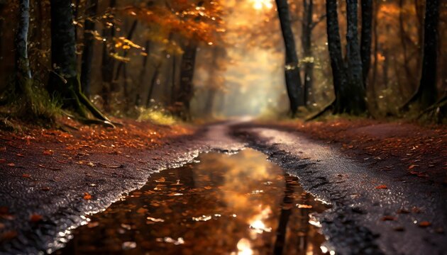 puddle on a dirt road in the autumn forest