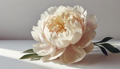 delicate beige peony flower with sunlight shadows on neutral white background