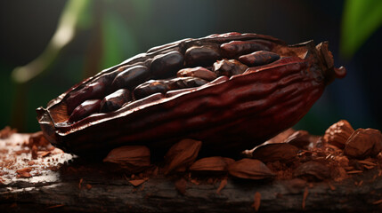 Cut open cacao bean realistic rainforest cinematic - obrazy, fototapety, plakaty