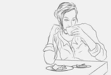 sketch of a woman drinking coffee and breakfast in a cafe 